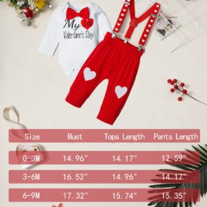 Dearnow Baby Boy Valentines Day Outfit 6-9 months My First Valentines Day Long Sleeve Romper+Suspender Pants+Hat 3Pcs Spring Outfit valentines baby boy outfit