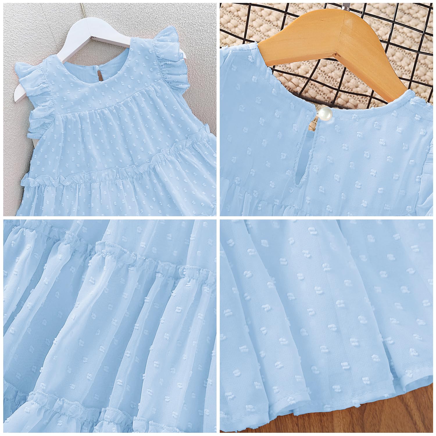 AGQT Toddler Girls Summer Dress Loose Fit Swiss Dots Flowy Pleated Dress Ruffle Babydoll Birthday Chiffon Dress Ligh Blue Size 1-2T