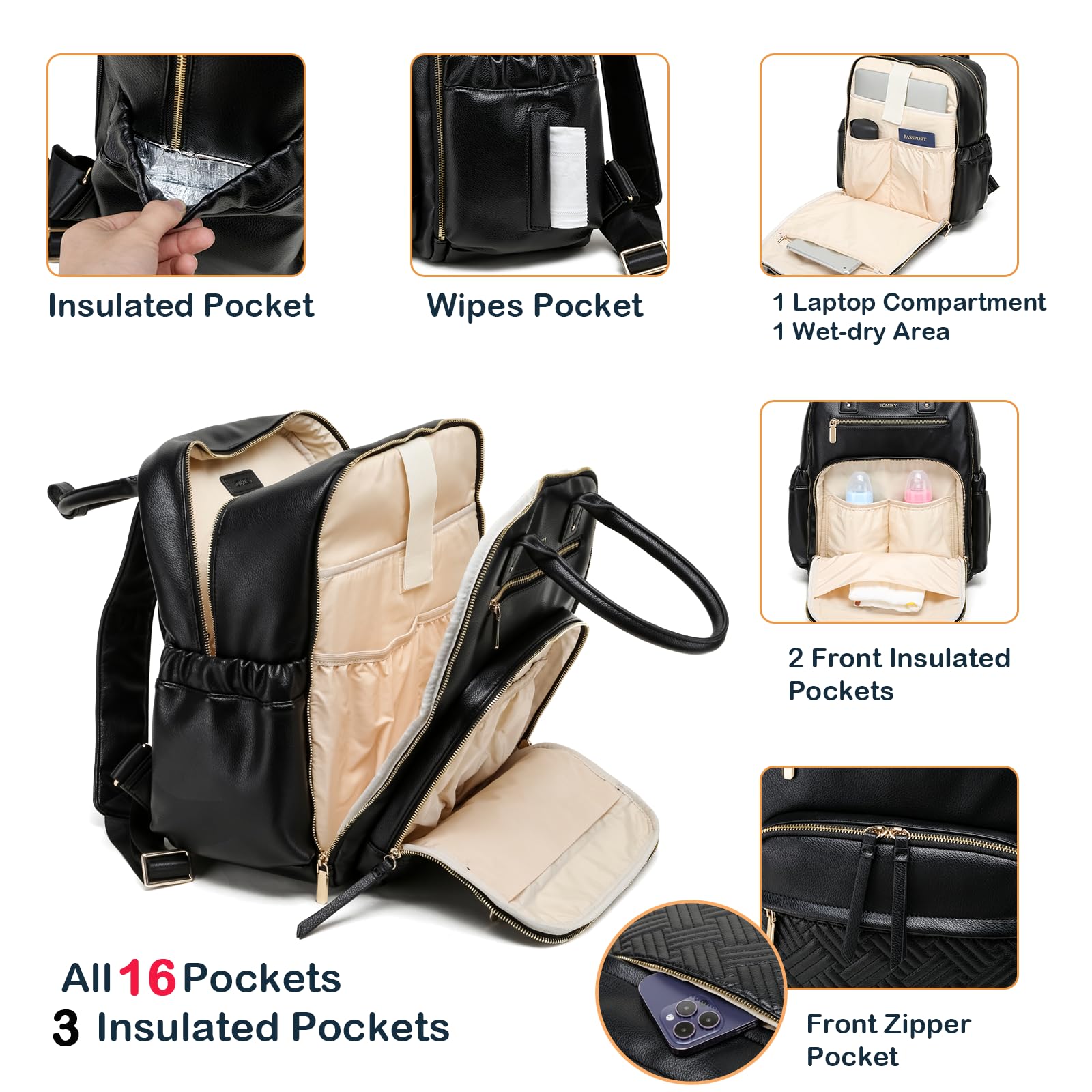 Yomiky Leather Diaper Bag Backpack for Women with Multiple Pockets,Laptop Compartment and Changing Pad.