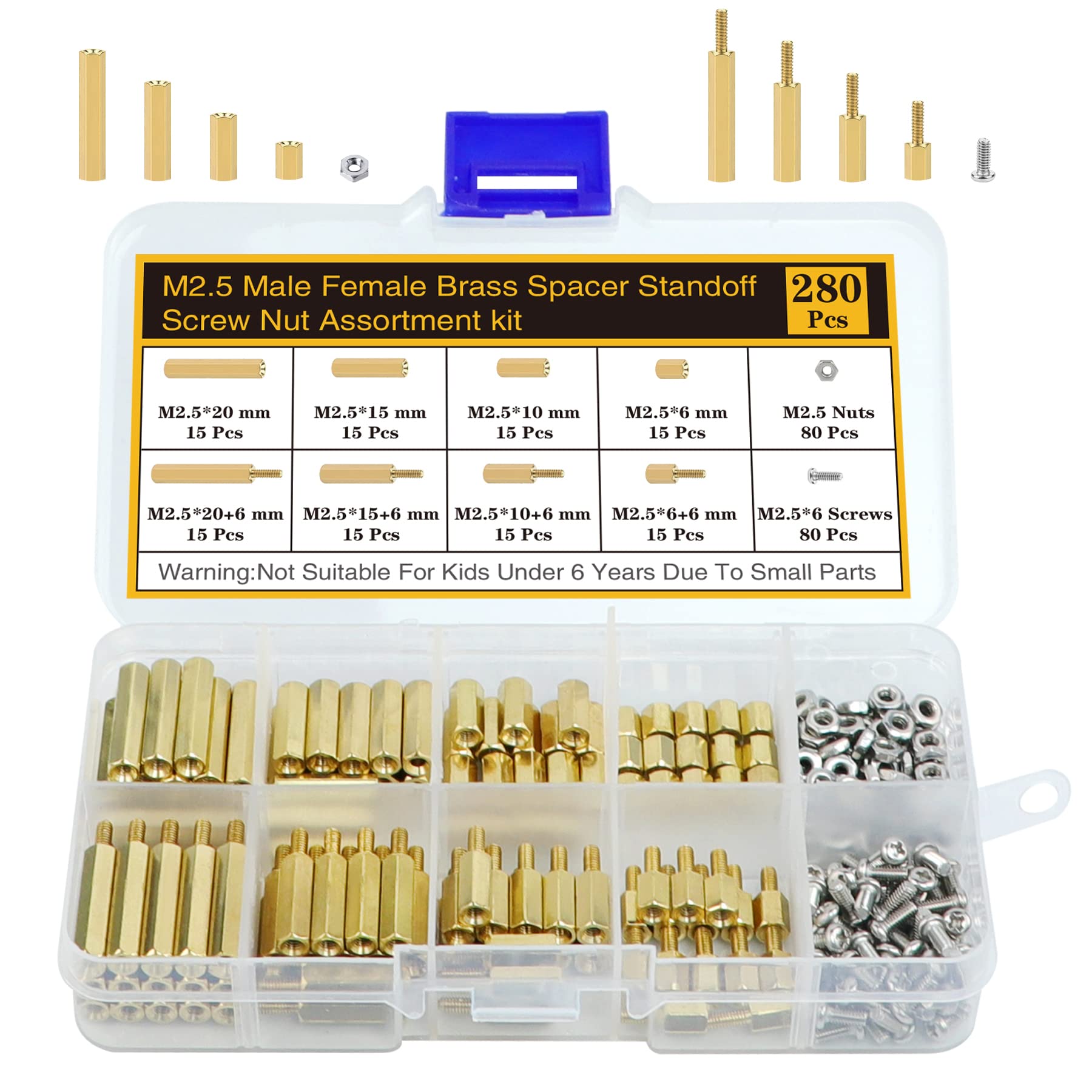 Csdtylh 280Pcs M2.5 Motherboard Standoffs&Screws&Nuts Kit, Hex Male-Female Brass Spacer Standoffs, Laptop Screws for DIY Computer Build, Electronic Projects, Raspberry Pi, Circuit Board etc.