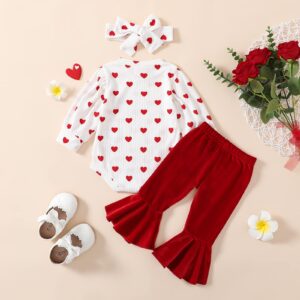 Tsnbre Newborn Baby Girl Valentines Day Outfit Heart Print Romper Tops Bell Bottom Pants Headband 3Pcs Clothes Set (Red, 0-3 Months)