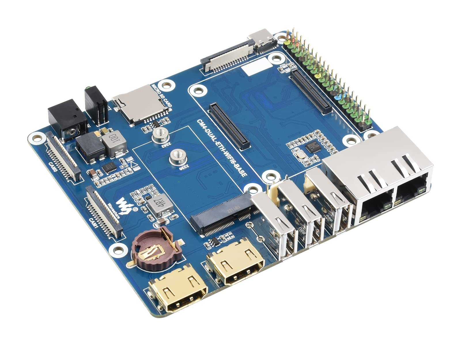 WIFI6 Dual Ethernet Base Board for Compute Module 4, Compatible with WiFi AX210 & AX200 Module,Onboard Gigabit Ethernet RJ45 Connector x1, 100M Ethernet RJ45 Connector x 1,CSI-2 Camera Port x2,etc