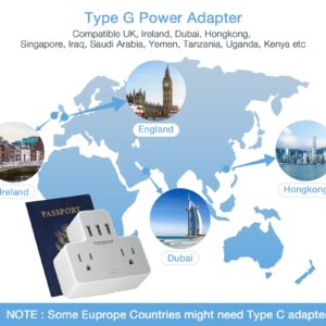 US to UK Plug Adapter, TESSAN Type G Power Converter with 2 Outlets 3 USB Charger, Ireland Travel Adaptor for USA to England Scotland Kenya Dubai London British Qatar Irish Hong Kong