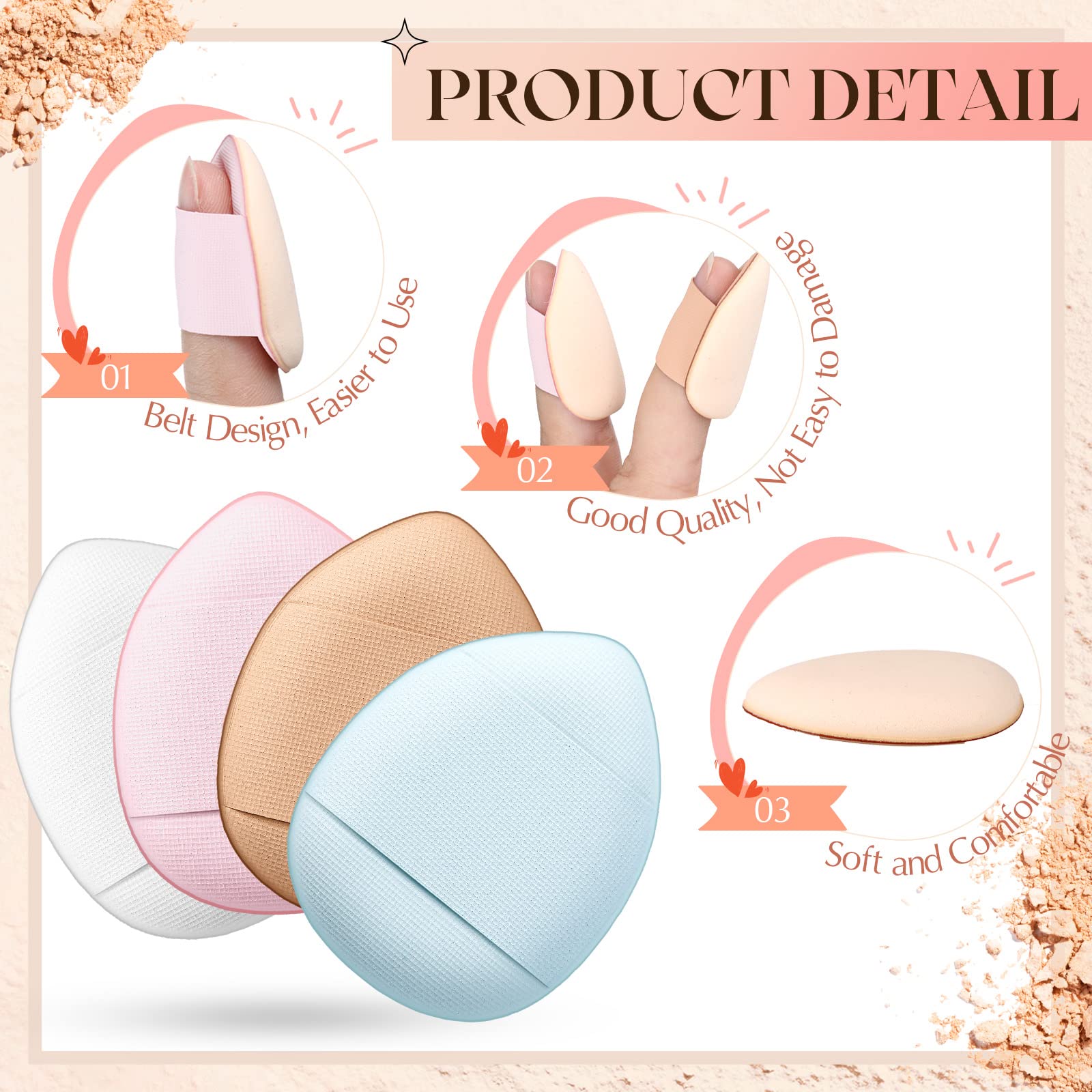 Gerrii 72 Pcs Finger Powder Puff Mini Makeup Sponge Soft Beauty Makeup Blender Puff for Foundation, Face Powder, Under Eye Setting, Concealer, Repair Cream, Cosmetic Tool (Pink, Beige, Blue, White)