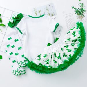 AGQT Baby Girls 1st St.Patricks Day Outft Set Short Sleeve 4Pcs Green Shamrock Outfit Set Headband+Skirt+Outfit+Leg Warmer Size 6-12 Months(73)