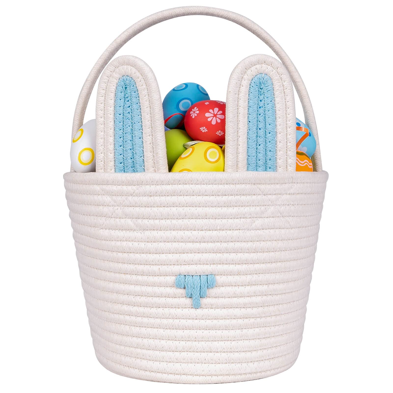 CubesLand Easter Basket for Boys Girls Easter Bunny Basket with Rabbit Ears, Easter Egg Hunting Basket Easter Baskets for Children Kids Babies First Easter Gifts Blue White 9.8 x 7.8 x 7.8”