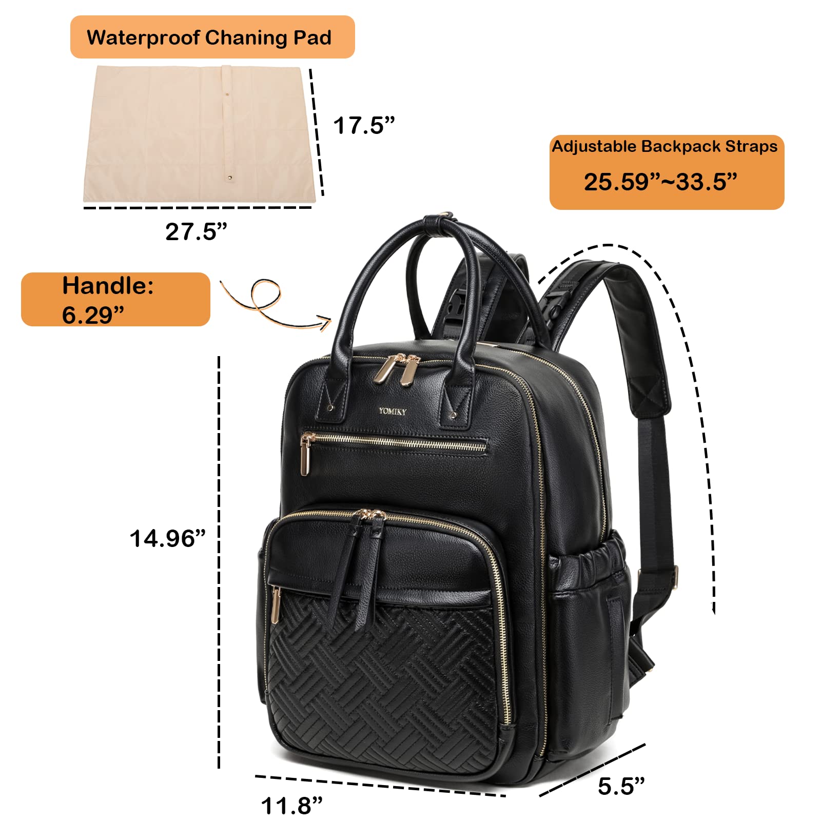 Yomiky Leather Diaper Bag Backpack for Women with Multiple Pockets,Laptop Compartment and Changing Pad.