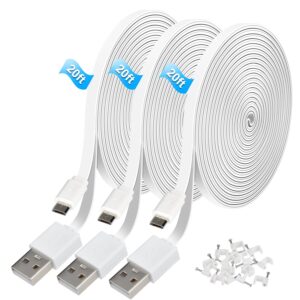 3pack 20ft power extension cable compatible with wyze cam v3, wyze cam pan, yi camera,nestcam indoor,blink,amazon cloud camera,usb to micro usb charging cord for home security camera (white, 3pack)