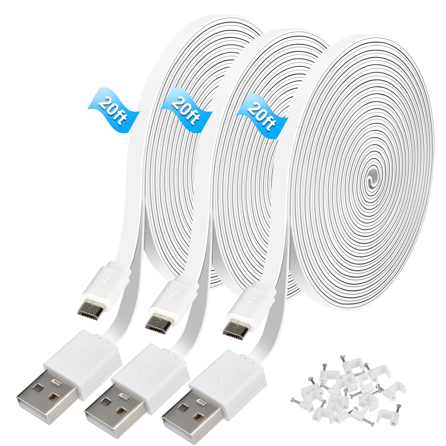 3Pack 20FT Power Extension Cable Compatible with Wyze Cam V3, Wyze Cam Pan, Yi Camera,NestCam Indoor,Blink,Amazon Cloud Camera,USB to Micro USB Charging Cord for Home Security Camera (White, 3pack)