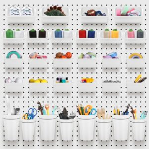 roowest 60 pcs pegboard cups pegboard bins set, pegboard wall organizer with hooks and loops, peg hooks assortment organizer accessory for office storage garage craft workshop (white)