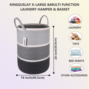 KINGSUSLAY Cotton Rope Laundry Hamper,70L Laundry Basket,Tall Woven Rope Basket for Blanket storage,Nursey Hamper for Toys,Pillows, Christmas Gifts,Clothes in Bedroom, Living Room(Grey White)