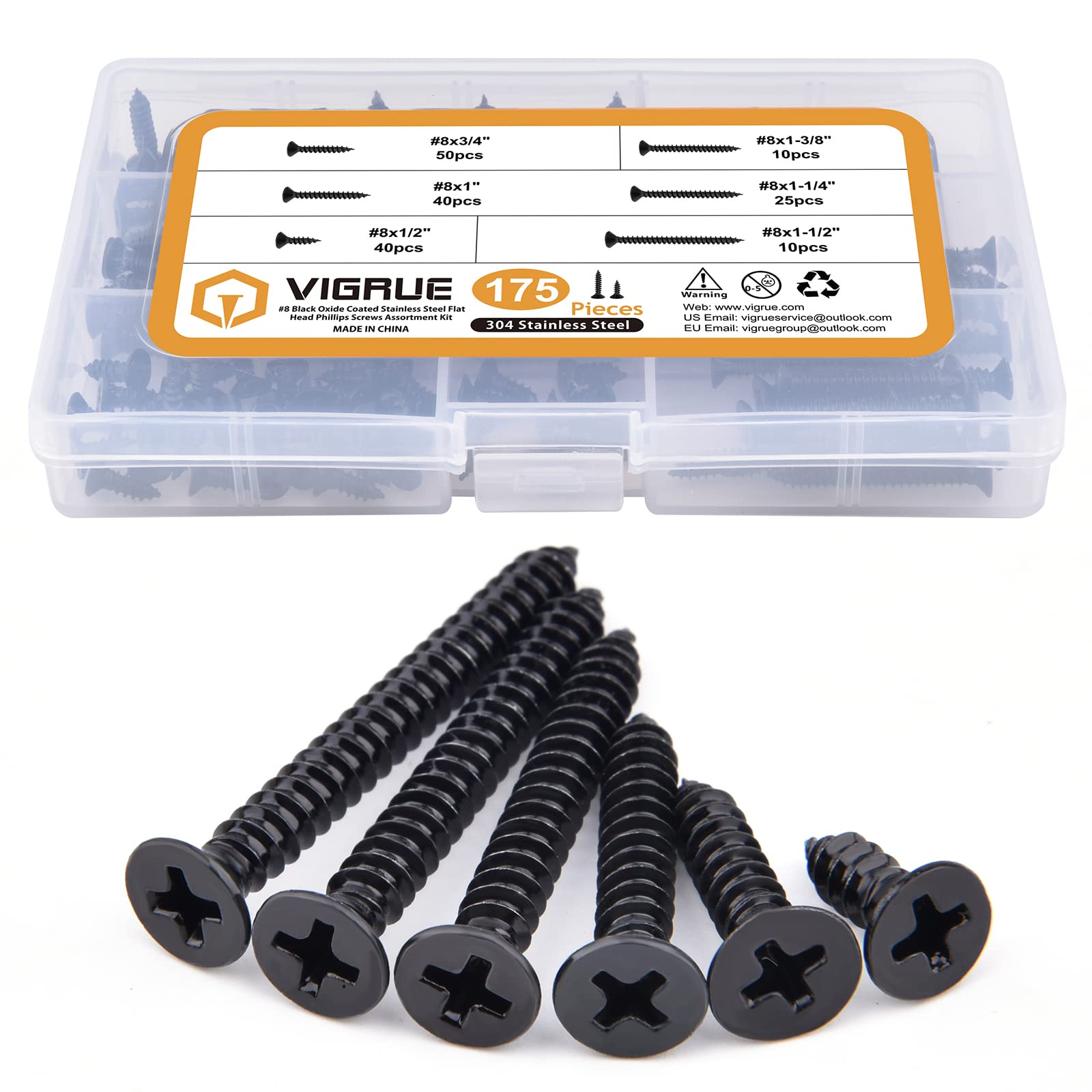 VIGRUE 175 Pcs #8 Wood Screws Black Oxide Coated Stainless Steel Flat Head Phillips Drywall Screw Assortment Kit, Self Tapping Screws Kit