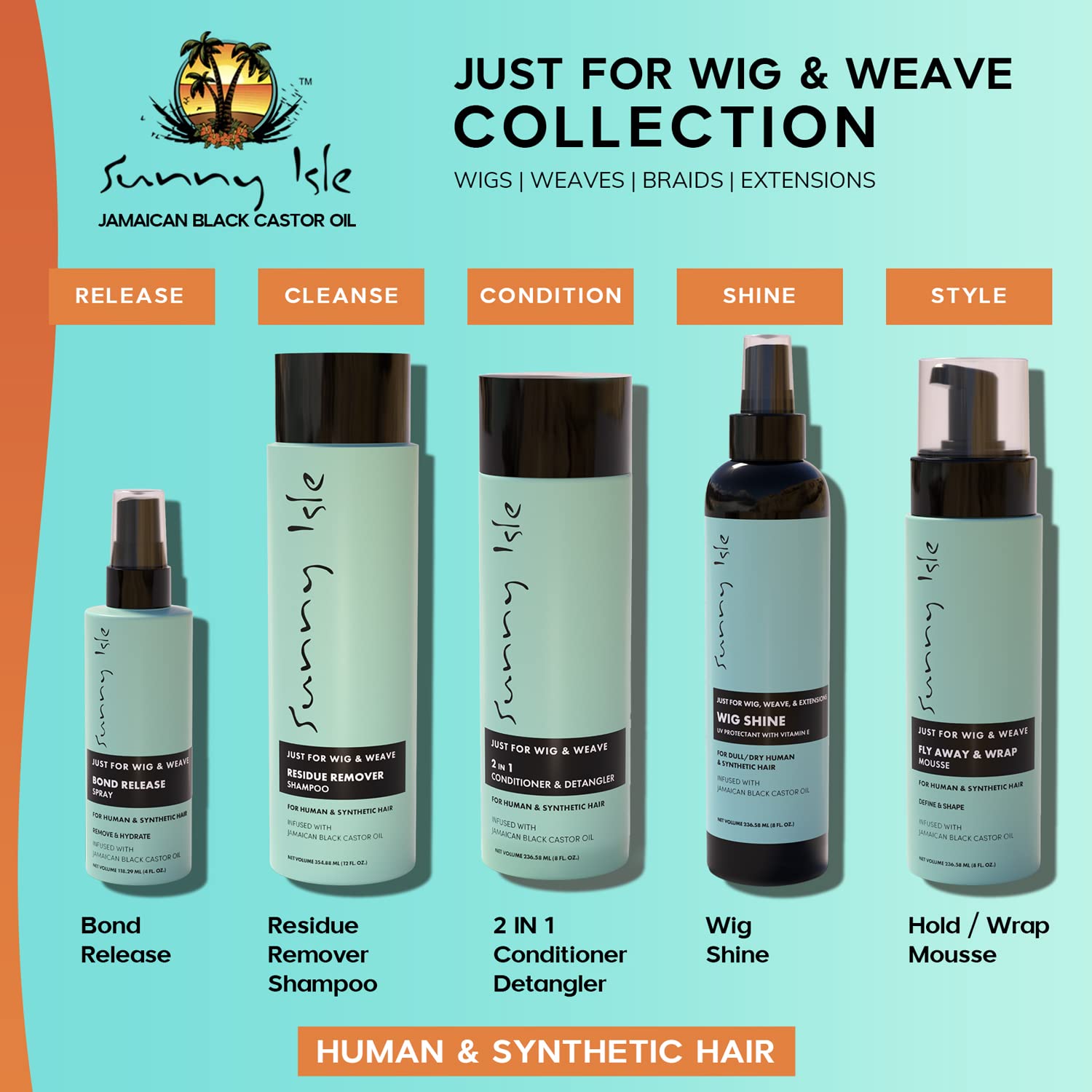 Sunny Isle Just for Wig, Weave, Braid, & Extensions Residue Remover Shampoo 12oz | For Synthetic & Natural Hair | Aloe Vera, Tea Tree, Borago Seed & Jamaican Black Castor Oils | Sulfate Free