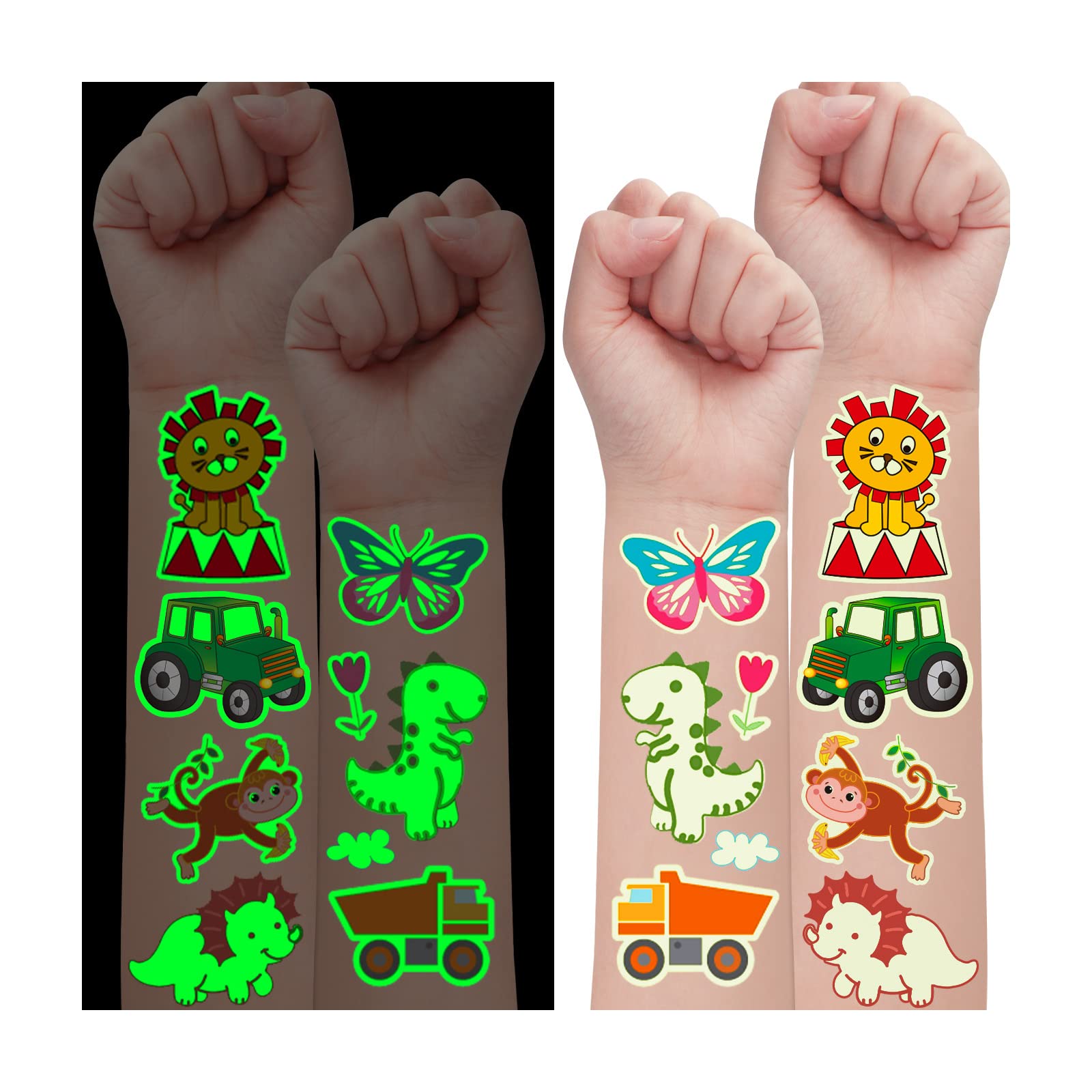 Partywind 115 PCS (10 Sheets) Glow Kids Temporary Tattoos, Children Tattoo Stickers Include Dinosaur/Mermaid/Pirate/Butterfly and More, Birthday Party Supplies Favors