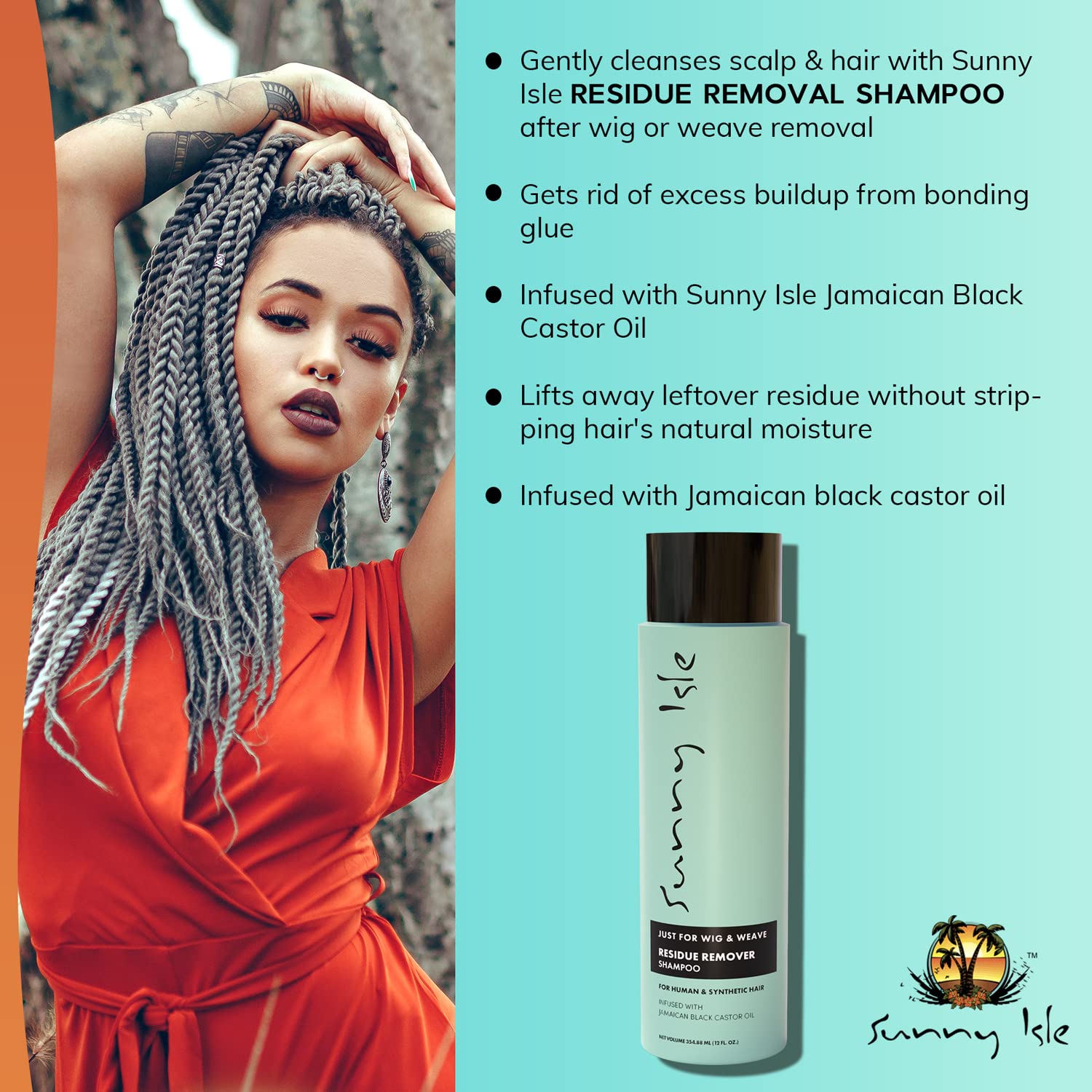 Sunny Isle Just for Wig, Weave, Braid, & Extensions Residue Remover Shampoo 12oz | For Synthetic & Natural Hair | Aloe Vera, Tea Tree, Borago Seed & Jamaican Black Castor Oils | Sulfate Free