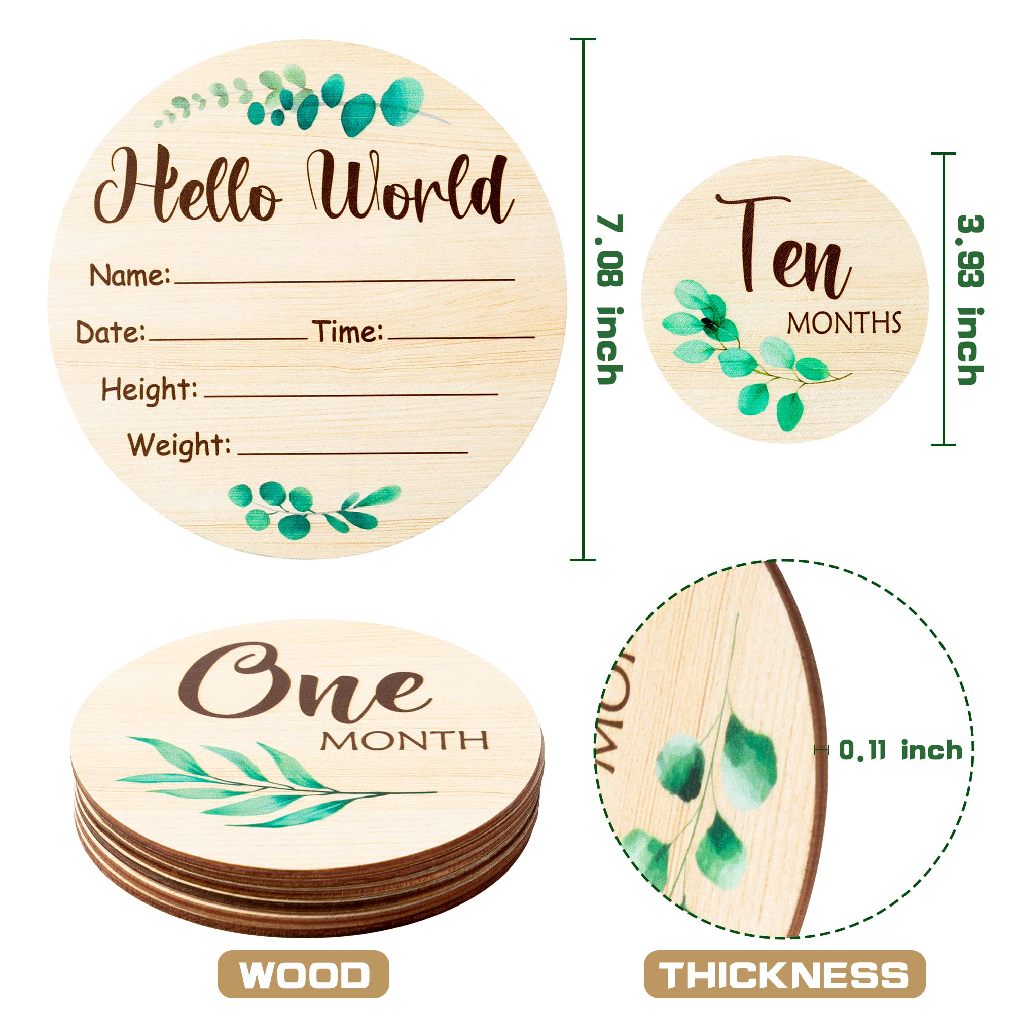 R HORSE Wooden Baby Monthly Milestone Cards with Announcement Sign, 7Pcs Double-Sided Hello World Baby Birth Announcement Milestone Discs, Newborn Month Milestone First Year Photo Props for Boys Girls