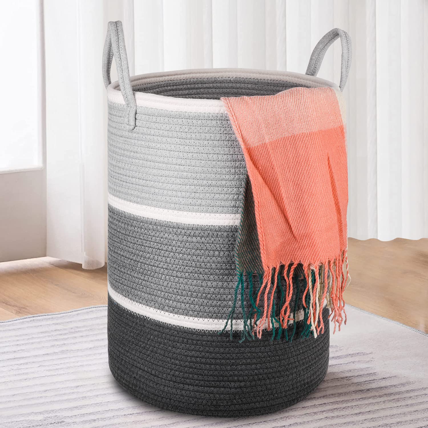 KINGSUSLAY Cotton Rope Laundry Hamper,70L Laundry Basket,Tall Woven Rope Basket for Blanket storage,Nursey Hamper for Toys,Pillows, Christmas Gifts,Clothes in Bedroom, Living Room(Grey White)