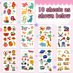 Partywind 115 PCS (10 Sheets) Glow Kids Temporary Tattoos, Children Tattoo Stickers Include Dinosaur/Mermaid/Pirate/Butterfly and More, Birthday Party Supplies Favors