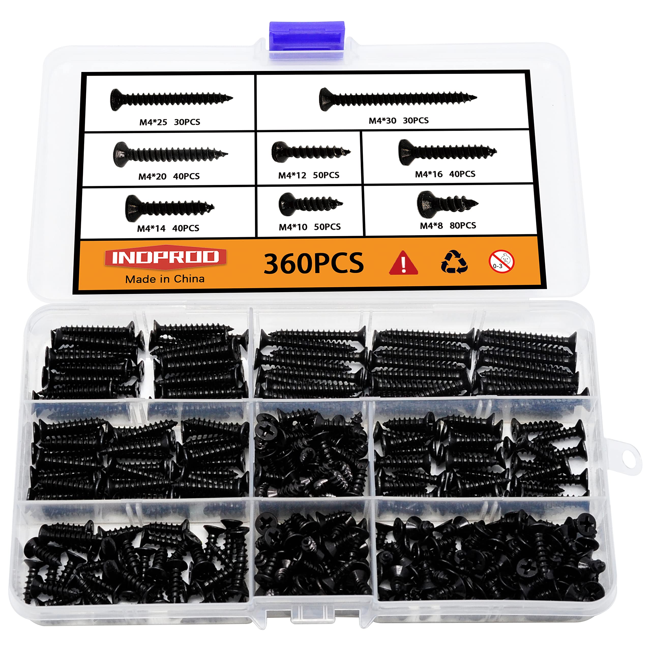 Indprod M4 Flat Head Self Tapping Wood Screws Assortment Fasteners Kit 360Pcs,Phillips Drive Countersunk Head Self-Tapping Screws,Carbon Steel