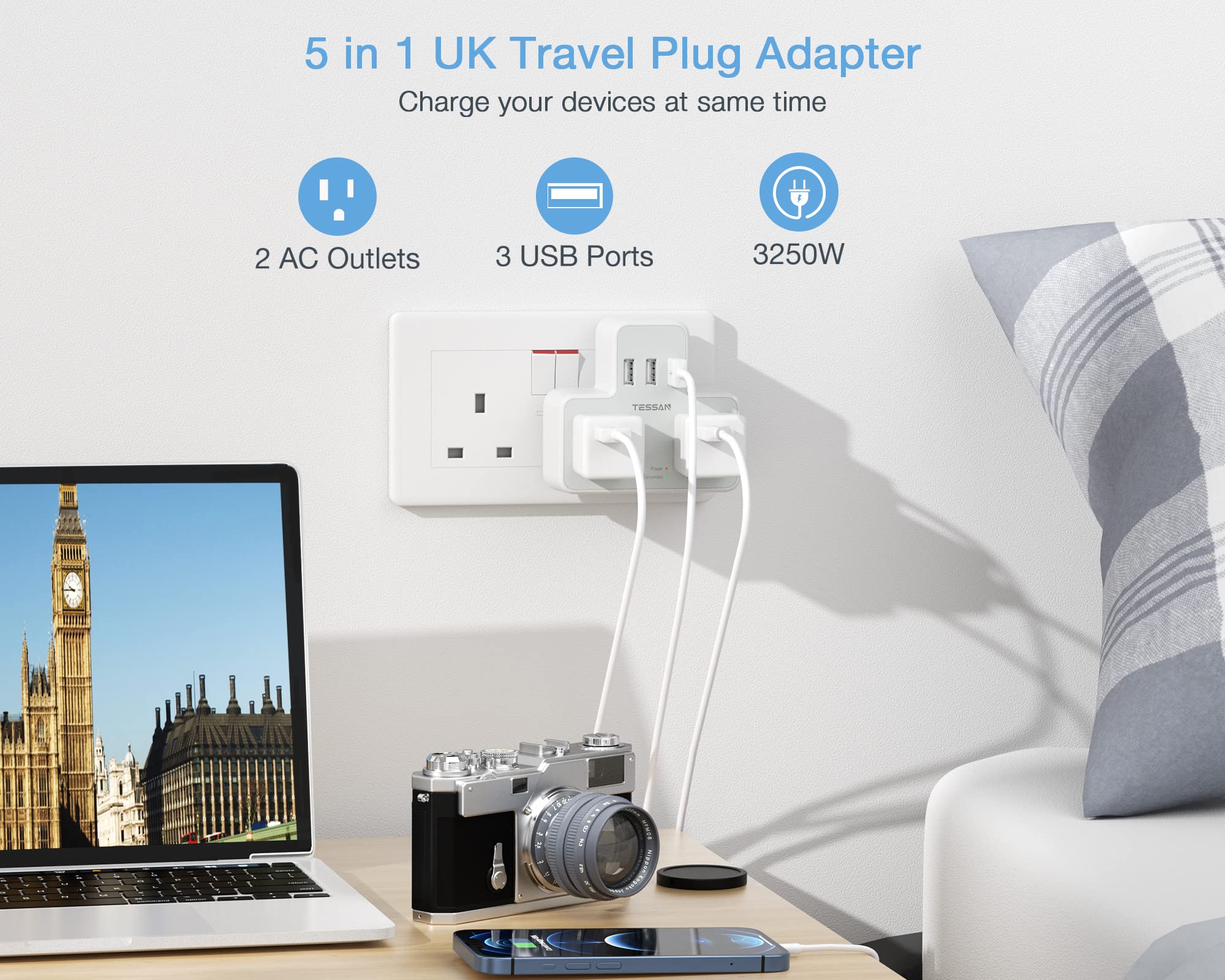 US to UK Plug Adapter, TESSAN Type G Power Converter with 2 Outlets 3 USB Charger, Ireland Travel Adaptor for USA to England Scotland Kenya Dubai London British Qatar Irish Hong Kong