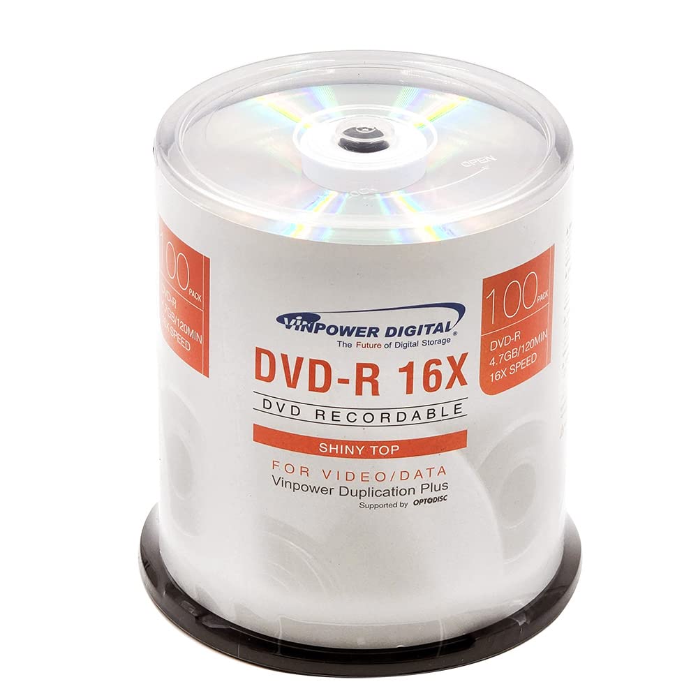 Vinpower Digital DVD-R 4.7GB 16x Silver Top Recordable Media 100 Disc Cake Box Spindle Shiny Silver Lacquer Top Premium Archival Grade Blank DVDs for Burning Video