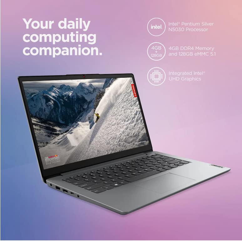 Lenovo IdeaPad 1i 14 Laptop, 14.0" HD Display, Intel Pentium QuadCore N5030, 4GB RAM, 160GB Storage (128GB eMMC + 32GB Card), 1-Year Microsoft 365, WiFi 6, Long Battery Life, Win 11, TiTac Card