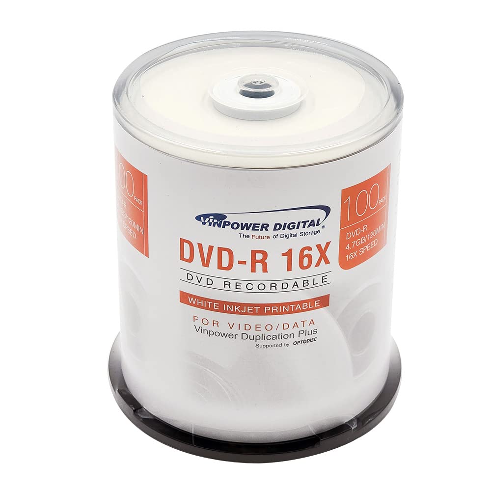 Vinpower Digital DVD-R 4.7GB 16x White Inkjet Printable Hub Recordable Media - 100 Disc Cake Box Spindle