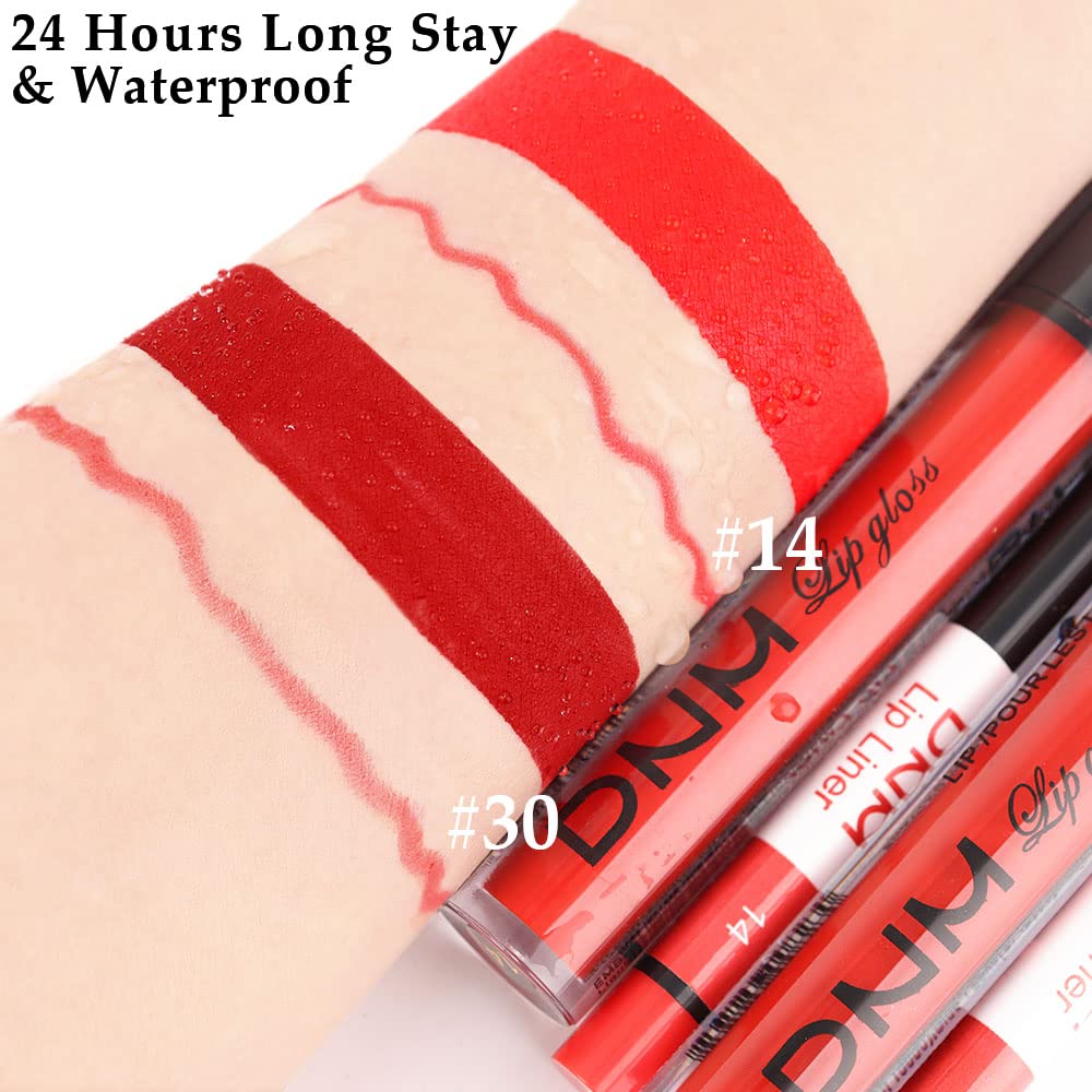 BINGBRUSH 2 Colors Liquid Matte Lipstick and Lipliner Set, Red Lip Tint 24 Hour Waterproof Velvet Nonstick Cup Lipgloss Lip Stain Pigmented Lip Makeup Gift Sets for Girls and Women Labiales14&30