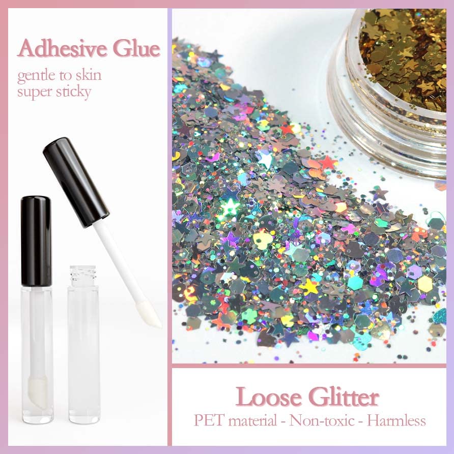 Allstarry Holographic Chunky Body Glitter 4 Colors Cosmetic Face Glitter Face Paint Sparkle Eye Flakes Festival Hair Sequins Mermaid Rave Accessories with Body Glue for Women Makeup Nails DIY Crafts