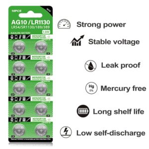 jixik 10pcs AG10 Button Cell Batteries LR1130 Button Cell Battery 1.5V 1130 Battery Button Cell 389 SR54 189 SR1130 LR54 Batteries