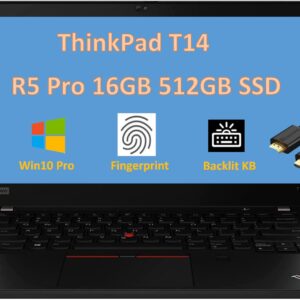 Lenovo ThinkPad T14 14-inch FHD 16GB RAM, 512GB SSD, AMD 6-Core Ryzen 5 Pro 4650U(Beats i7-1165G7) IPS Business Laptop, Backlit, Fingerprint, Webcam, IST Cable, Windows 10 Pro / 11 Pro (Renewed)