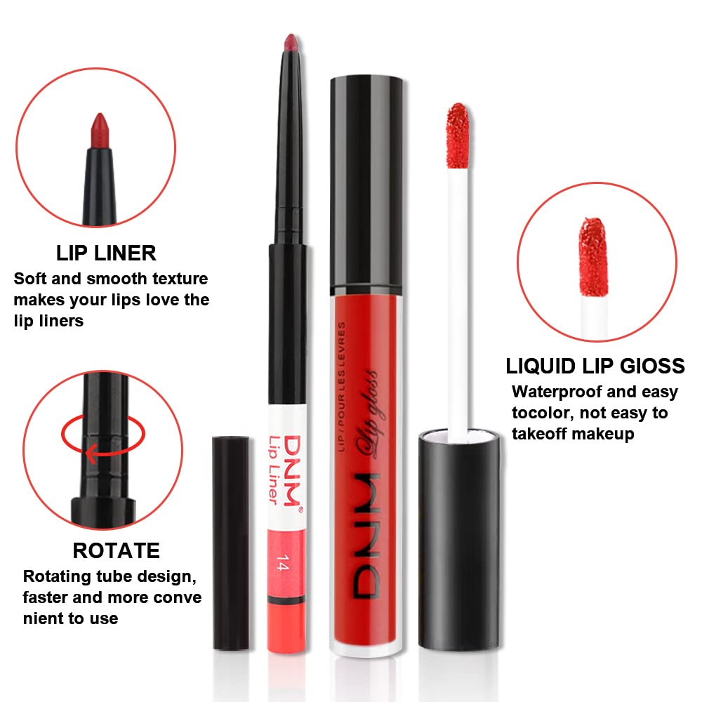 BINGBRUSH 2 Colors Liquid Matte Lipstick and Lipliner Set, Red Lip Tint 24 Hour Waterproof Velvet Nonstick Cup Lipgloss Lip Stain Pigmented Lip Makeup Gift Sets for Girls and Women Labiales14&30