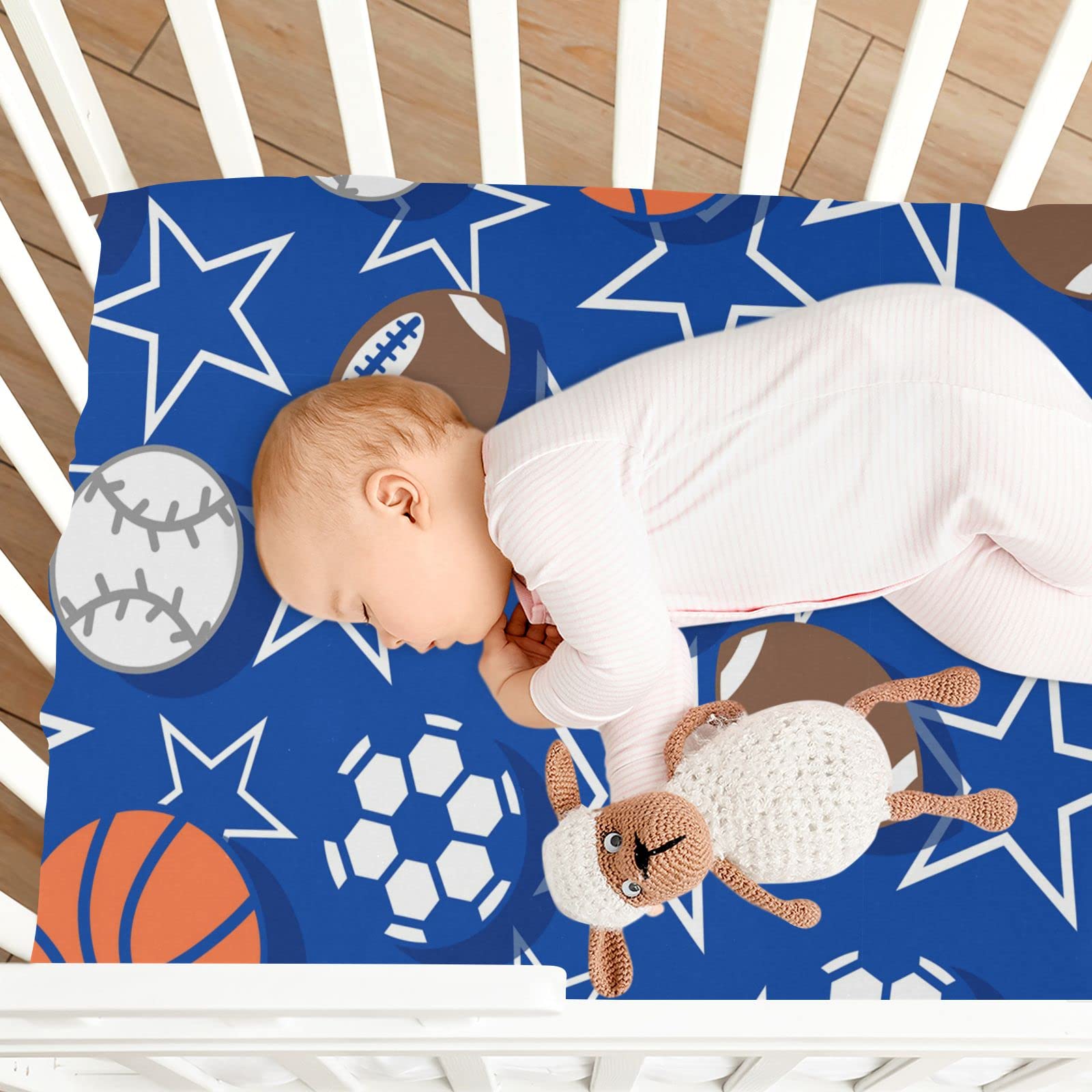 Baby Fitted Mini Crib Sheets Portable Playard Sheets Stretchy Basketball Star Blue Girls Boys Soft Modal