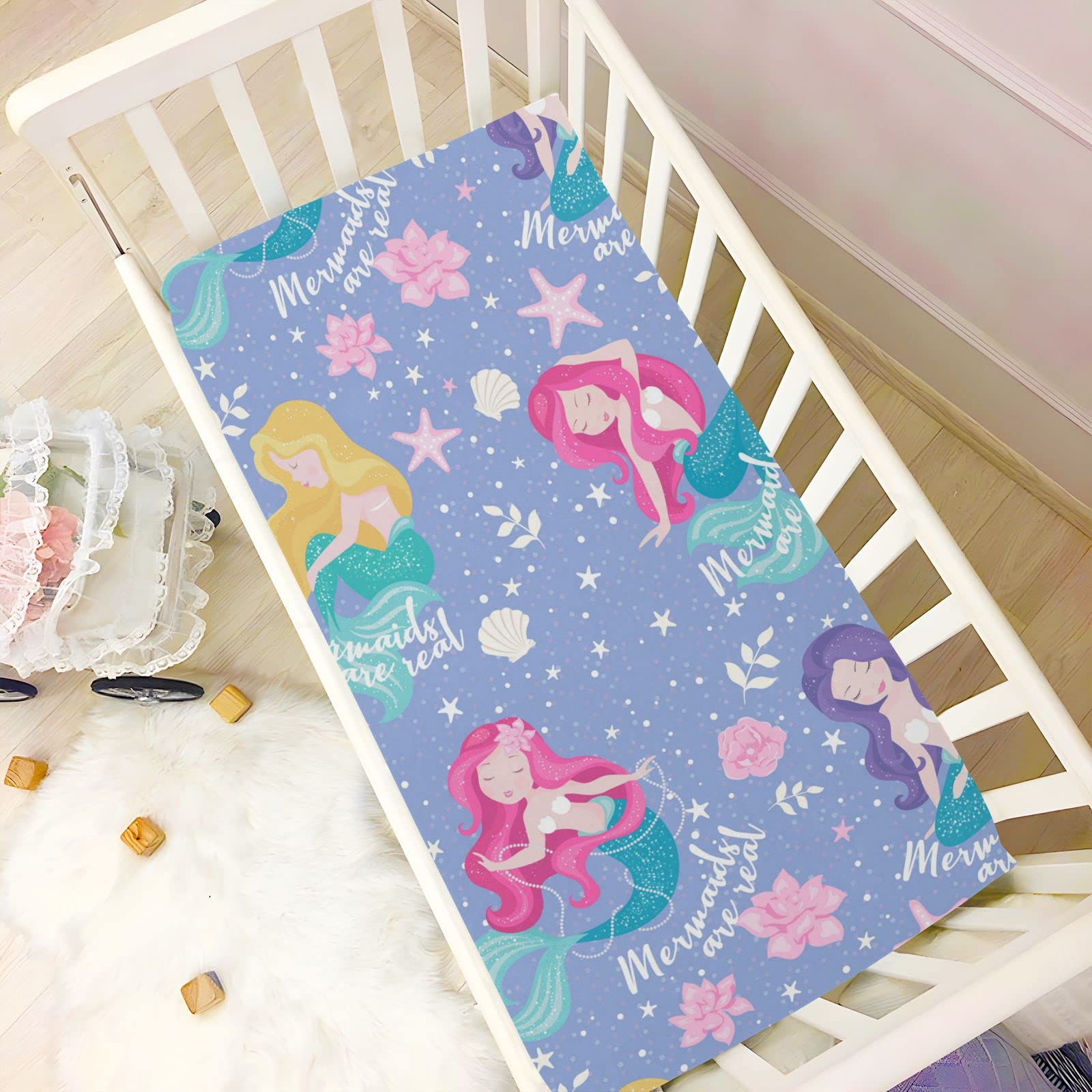 Baby Fitted Mini Crib Sheets Portable Playard Sheets Stretchy Cute Mermaid Starfish Girl Soft Modal