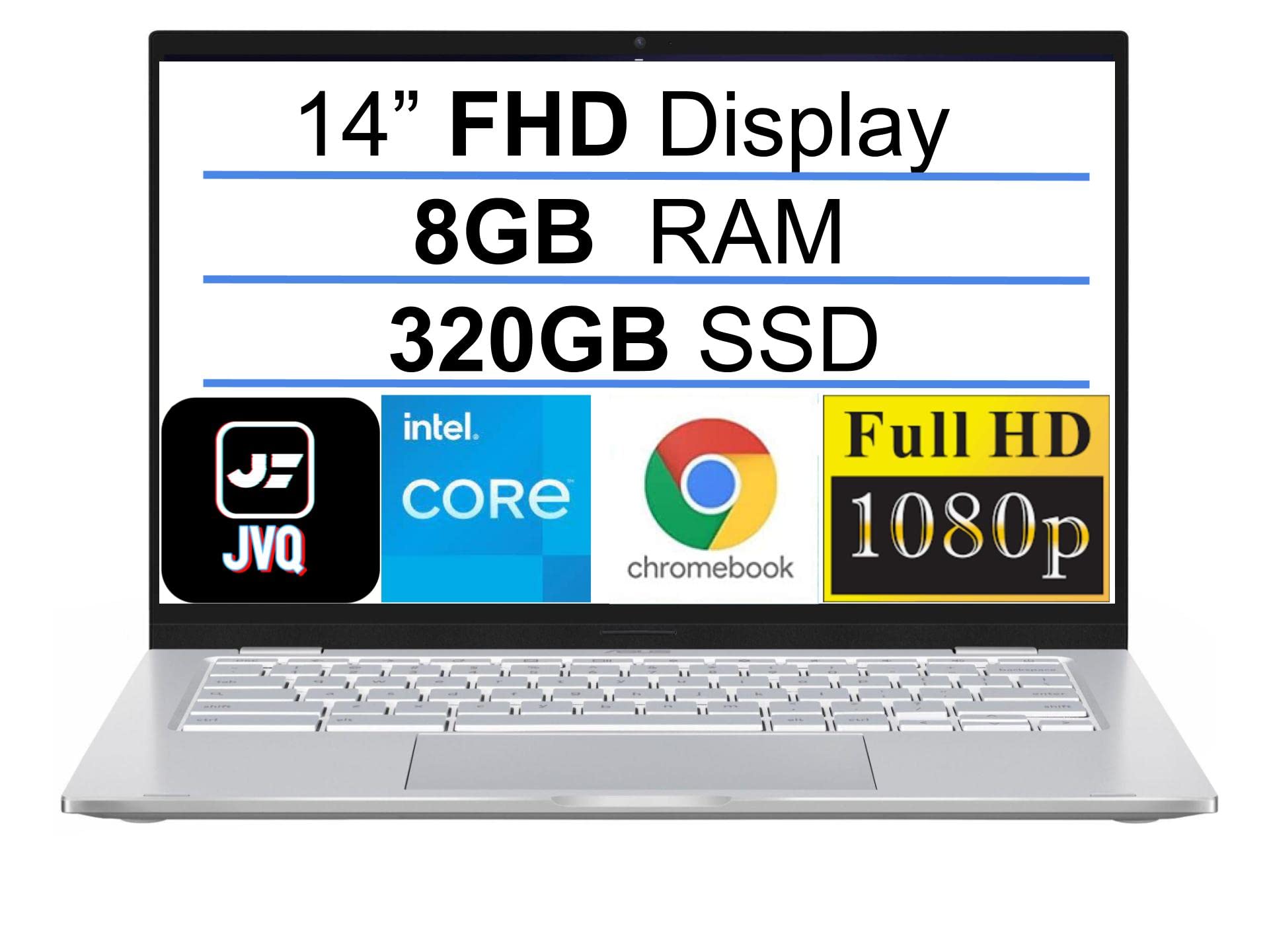 ASUS Newest 14" FHD Chromebook Laptop, Intel Core m3-8100Y(up to 3.4 GHz), 320GB Space(64GB eMMC+256GB Card), 8GB RAM, Webcam, WiFi, USB, Bluetooth, Backlit Keyboard, Chrome OS, Silver+JVQ MP