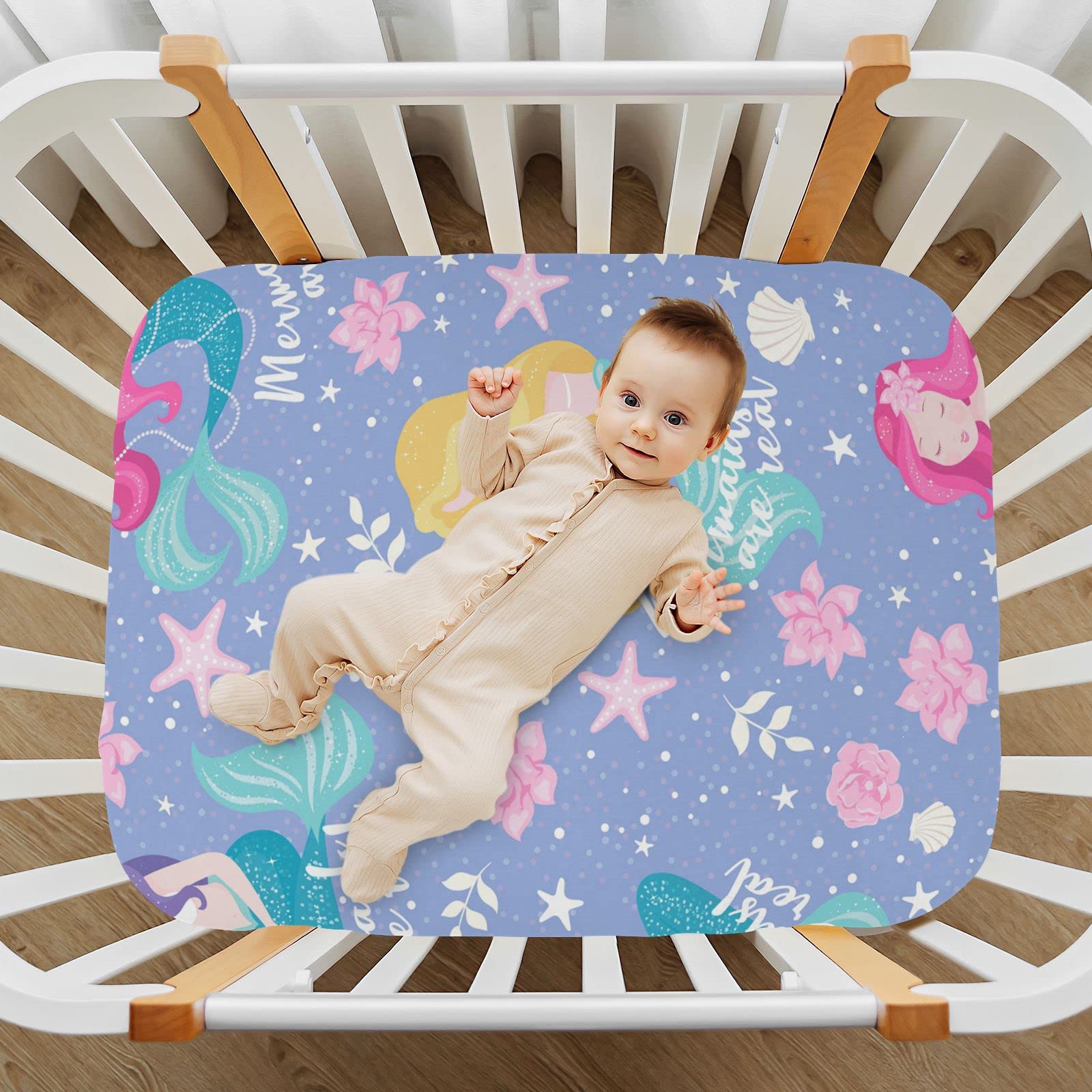 Baby Fitted Mini Crib Sheets Portable Playard Sheets Stretchy Cute Mermaid Starfish Girl Soft Modal