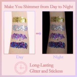 Allstarry Holographic Chunky Body Glitter 4 Colors Cosmetic Face Glitter Face Paint Sparkle Eye Flakes Festival Hair Sequins Mermaid Rave Accessories with Body Glue for Women Makeup Nails DIY Crafts