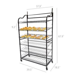 FixtureDisplays® Wide Metal Bakery Display Rack on Wheels, 6 Shelves with Header Holder, 39.5" Wide X 18.5" Deep X 67.8" Black 19399-New-NF