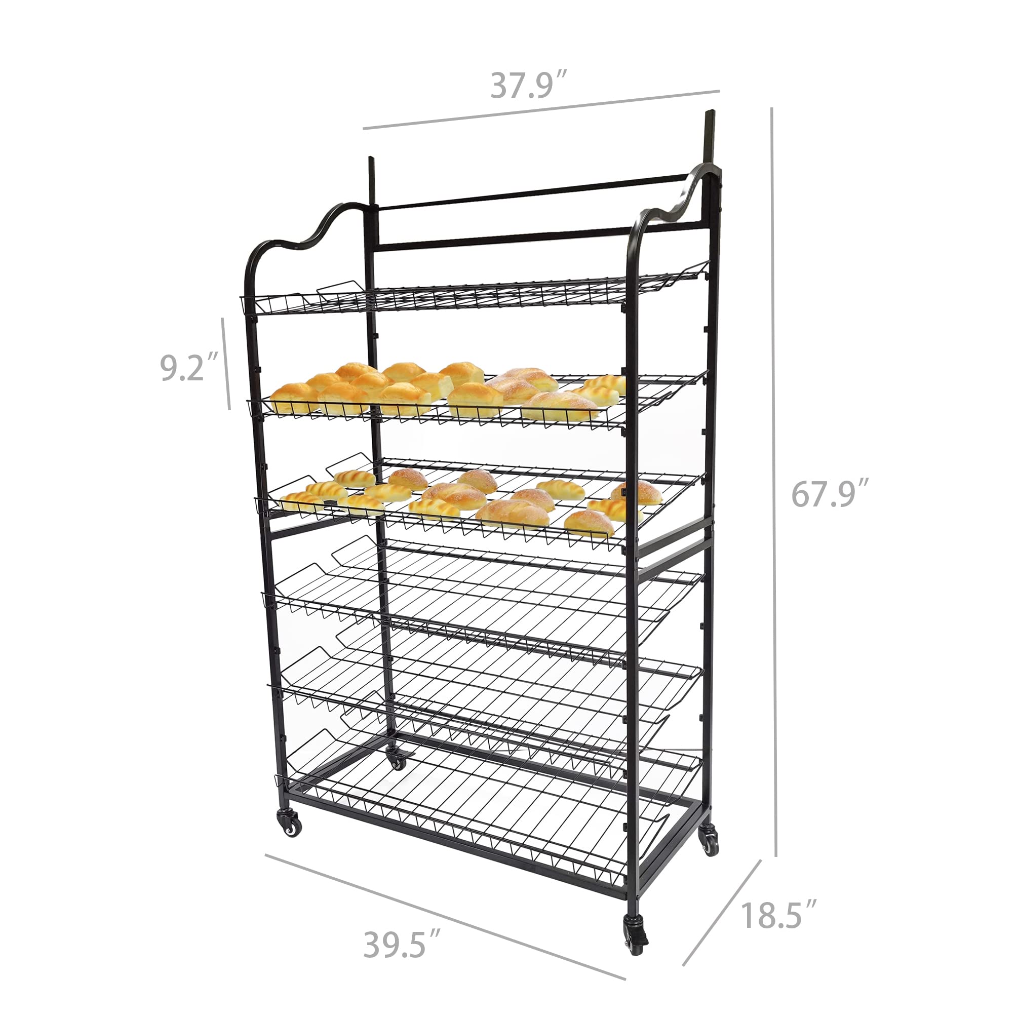 FixtureDisplays® Wide Metal Bakery Display Rack on Wheels, 6 Shelves with Header Holder, 39.5" Wide X 18.5" Deep X 67.8" Black 19399-New-NF