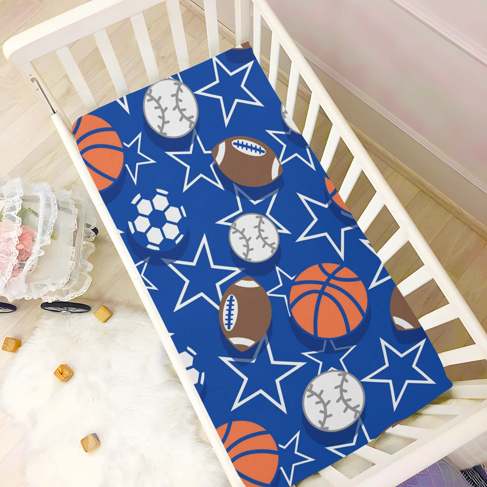 Baby Fitted Mini Crib Sheets Portable Playard Sheets Stretchy Basketball Star Blue Girls Boys Soft Modal