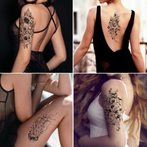 Cerlaza Half Sleeves Temporary Tattoos for Women, Half Arm Sleeve Fake Tattoo Stickers for Body Makeup, Large Black Flower Realistic Temp Tattoos for Girls Adult - 10 Sheet