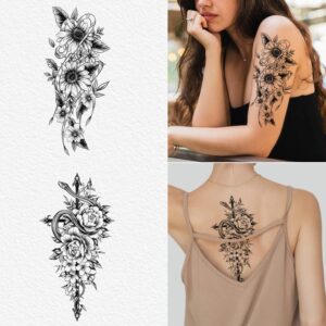 Cerlaza Half Sleeves Temporary Tattoos for Women, Half Arm Sleeve Fake Tattoo Stickers for Body Makeup, Large Black Flower Realistic Temp Tattoos for Girls Adult - 10 Sheet