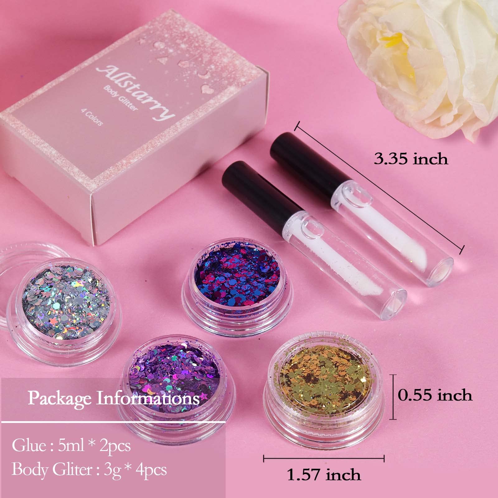 Allstarry Holographic Chunky Body Glitter 4 Colors Cosmetic Face Glitter Face Paint Sparkle Eye Flakes Festival Hair Sequins Mermaid Rave Accessories with Body Glue for Women Makeup Nails DIY Crafts