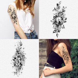 Cerlaza Half Sleeves Temporary Tattoos for Women, Half Arm Sleeve Fake Tattoo Stickers for Body Makeup, Large Black Flower Realistic Temp Tattoos for Girls Adult - 10 Sheet