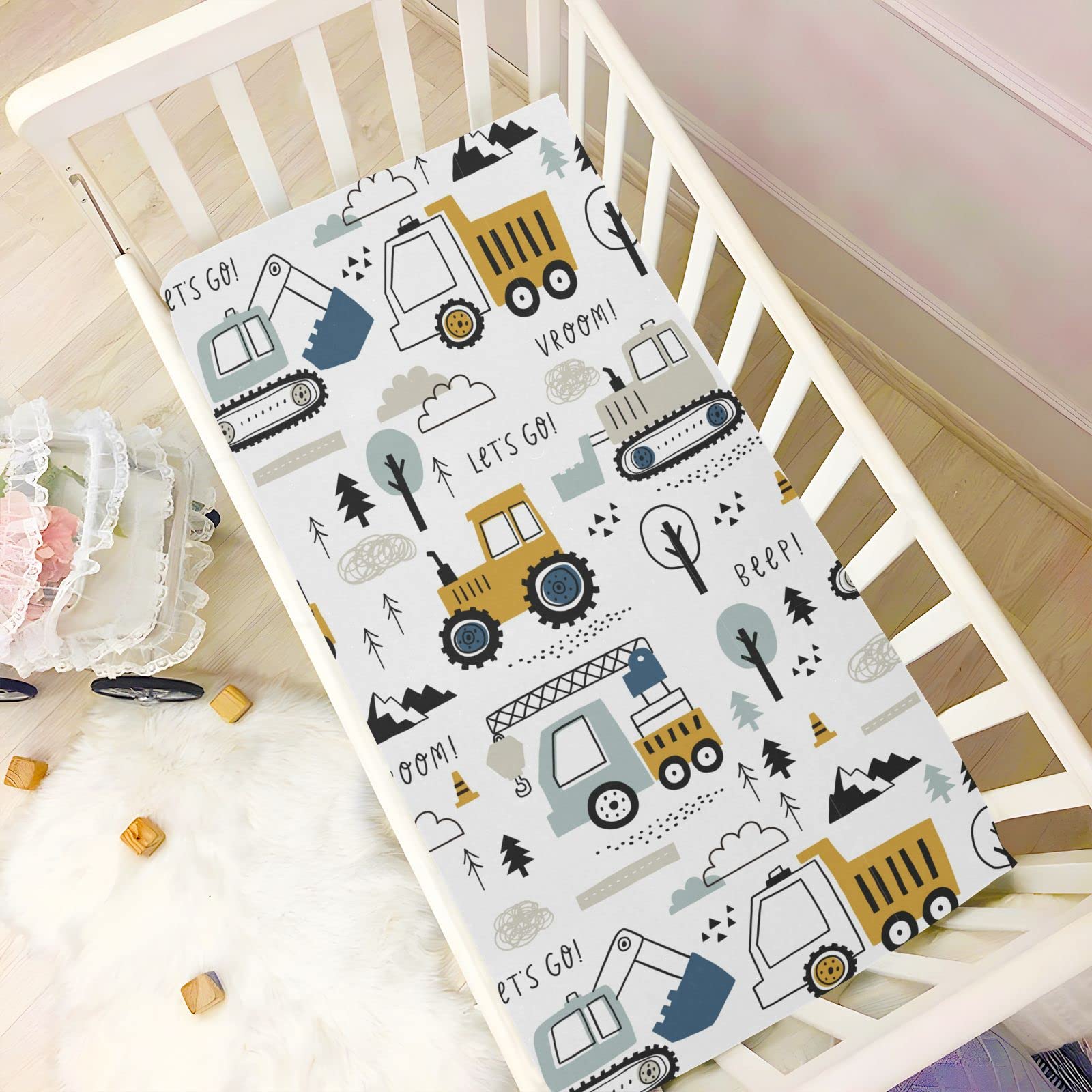 Baby Fitted Mini Crib Sheets Portable Playard Sheets Stretchy Childish Truck Excavator Girls Boys Soft Modal