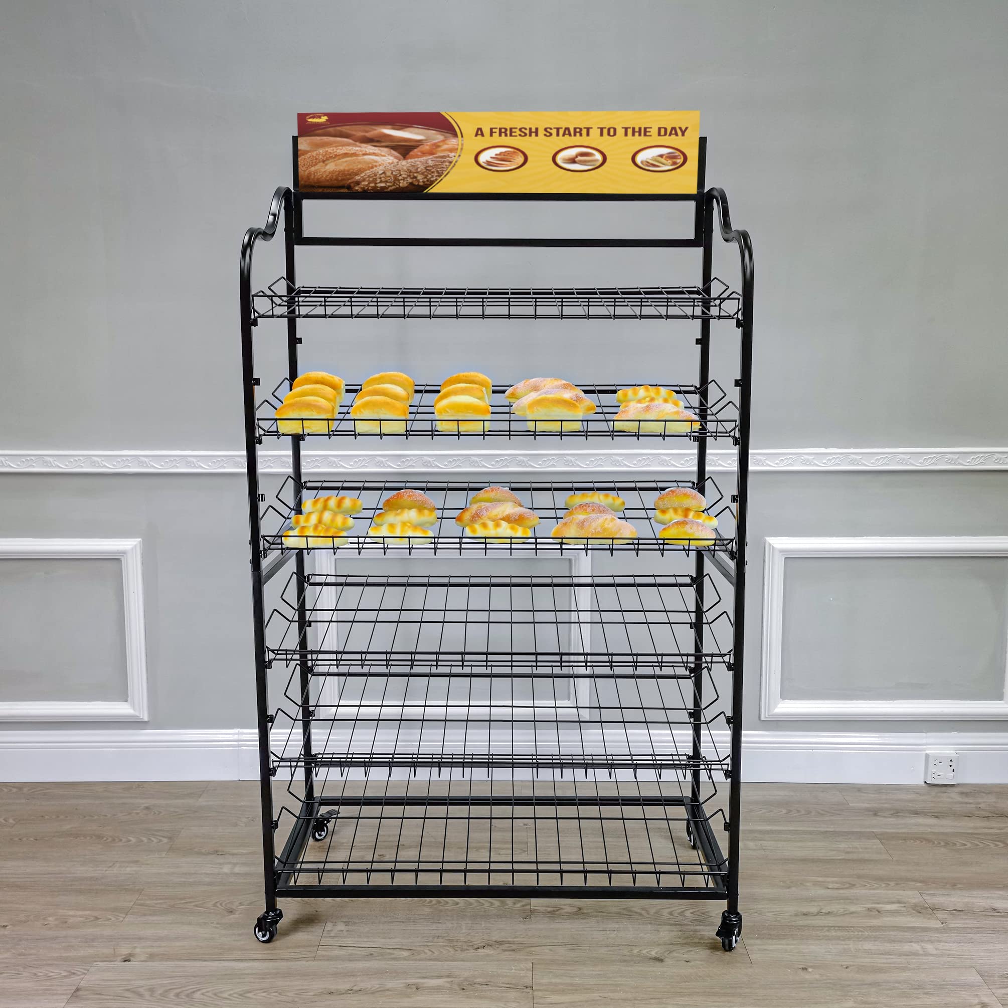 FixtureDisplays® Wide Metal Bakery Display Rack on Wheels, 6 Shelves with Header Holder, 39.5" Wide X 18.5" Deep X 67.8" Black 19399-New-NF