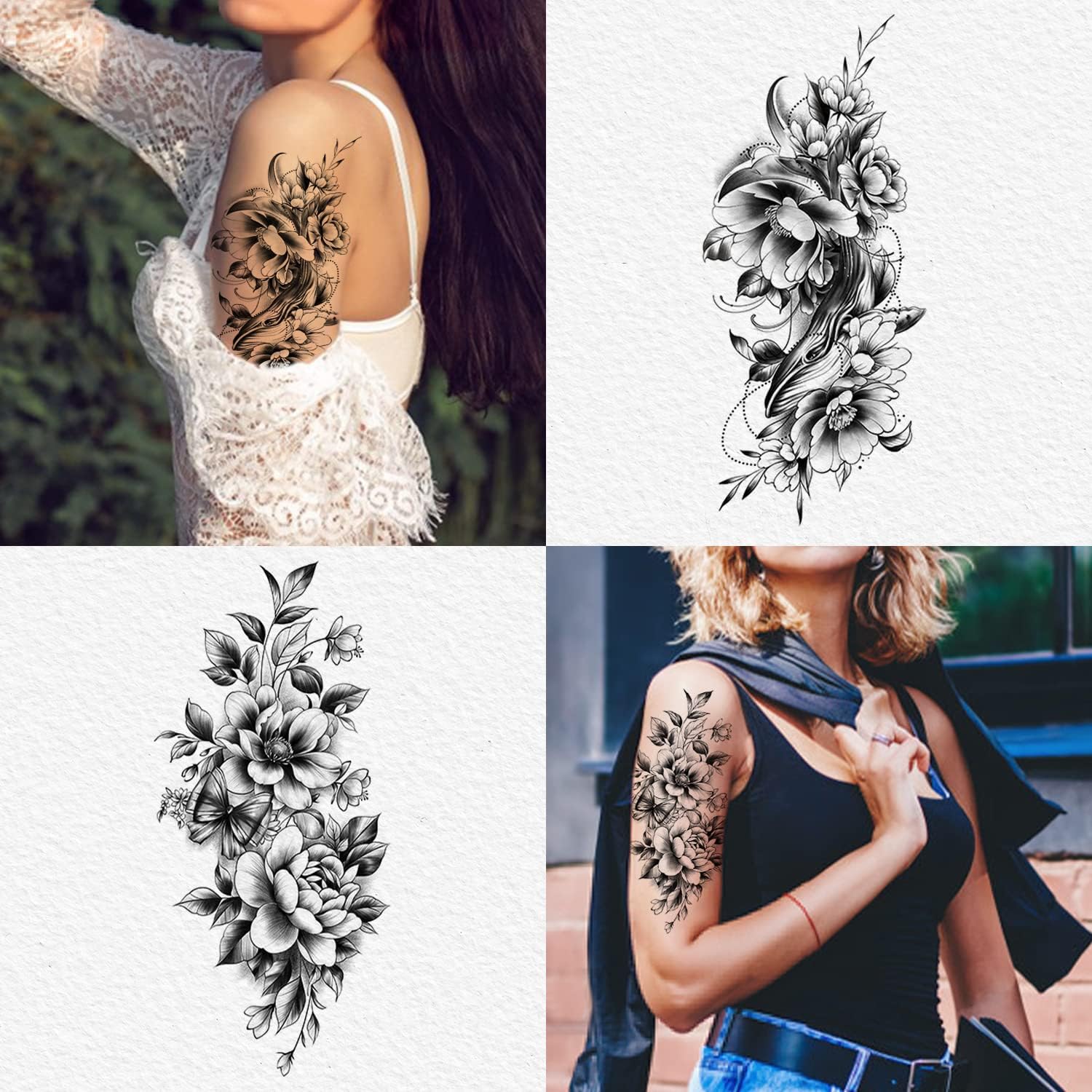 Cerlaza Half Sleeves Temporary Tattoos for Women, Half Arm Sleeve Fake Tattoo Stickers for Body Makeup, Large Black Flower Realistic Temp Tattoos for Girls Adult - 10 Sheet