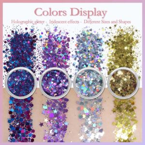 Allstarry Holographic Chunky Body Glitter 4 Colors Cosmetic Face Glitter Face Paint Sparkle Eye Flakes Festival Hair Sequins Mermaid Rave Accessories with Body Glue for Women Makeup Nails DIY Crafts