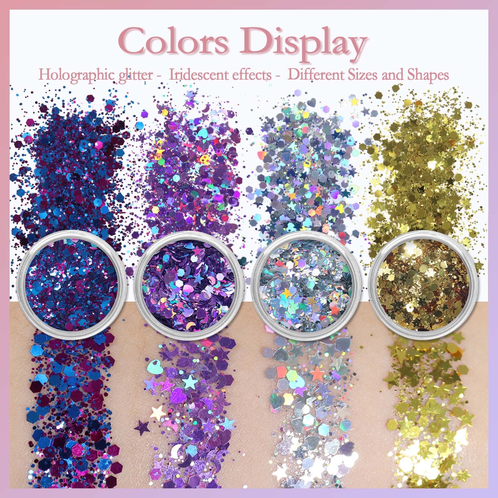 Allstarry Holographic Chunky Body Glitter 4 Colors Cosmetic Face Glitter Face Paint Sparkle Eye Flakes Festival Hair Sequins Mermaid Rave Accessories with Body Glue for Women Makeup Nails DIY Crafts