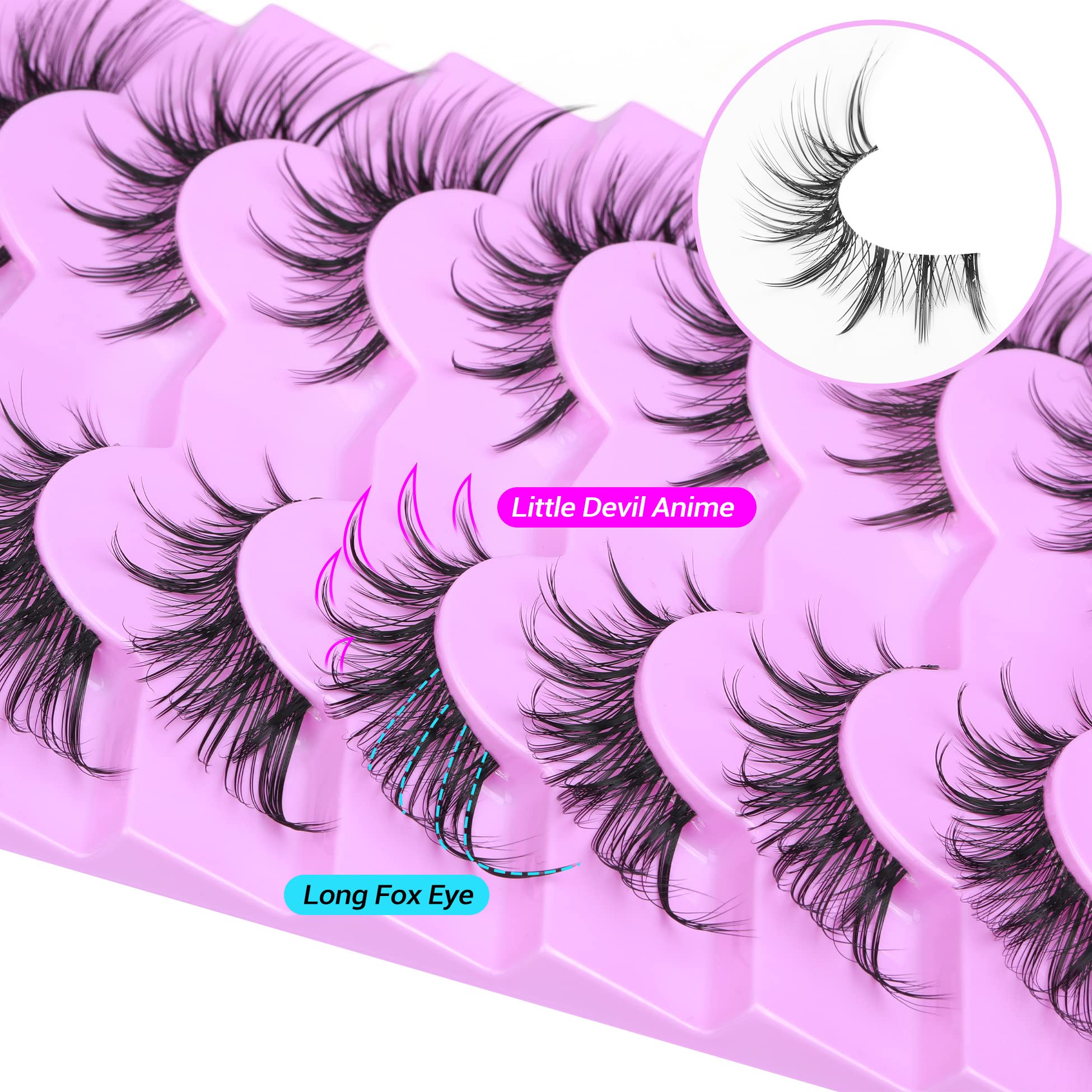 ALICE Manga Lashes Fox Eye False Clear Band Cat Wispy Anime Eyelashes Spiky Cosplay Fake Eye Lashes 7 Pairs Pack